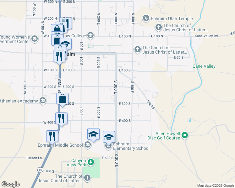 map of restaurants, bars, coffee shops, grocery stores, and more near 245 South 300 East in Ephraim