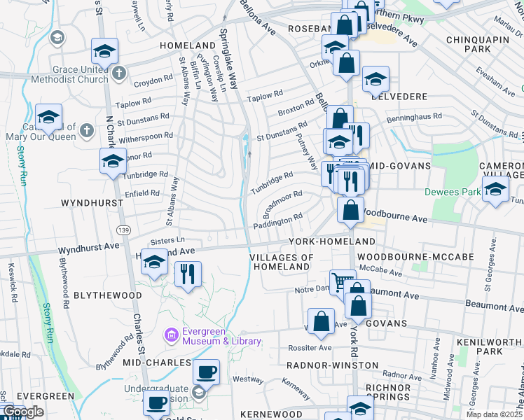 map of restaurants, bars, coffee shops, grocery stores, and more near 308 Broadmoor Road in Baltimore