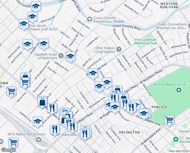 map of restaurants, bars, coffee shops, grocery stores, and more near 5833 Park Heights Avenue in Baltimore