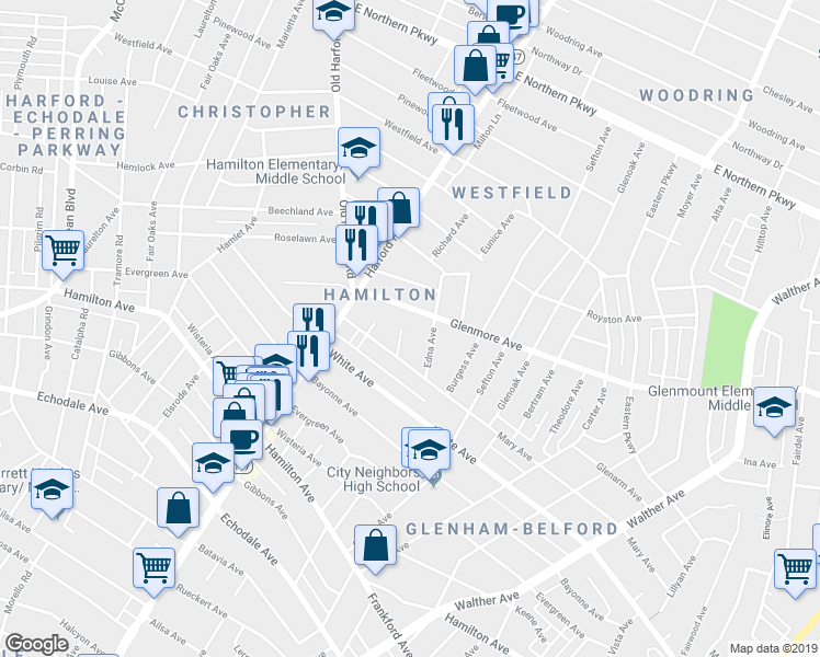 map of restaurants, bars, coffee shops, grocery stores, and more near 5913 Arabia Ave in Baltimore