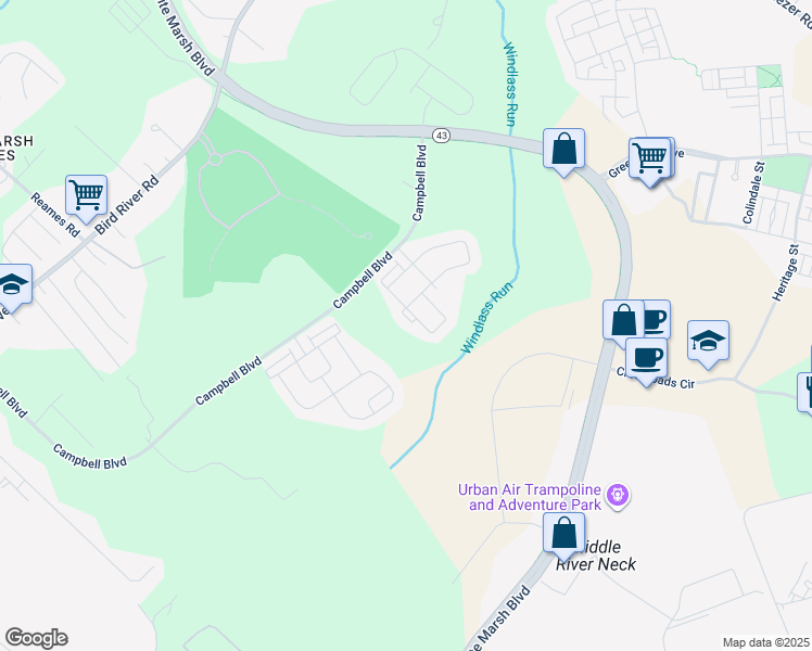 map of restaurants, bars, coffee shops, grocery stores, and more near 946 Ramble Run Road in Middle River