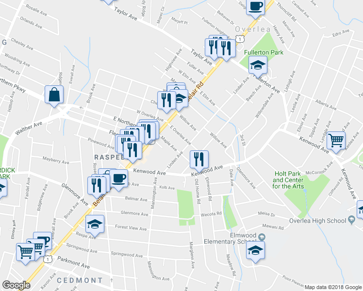 map of restaurants, bars, coffee shops, grocery stores, and more near 21 East Overlea Avenue in Baltimore