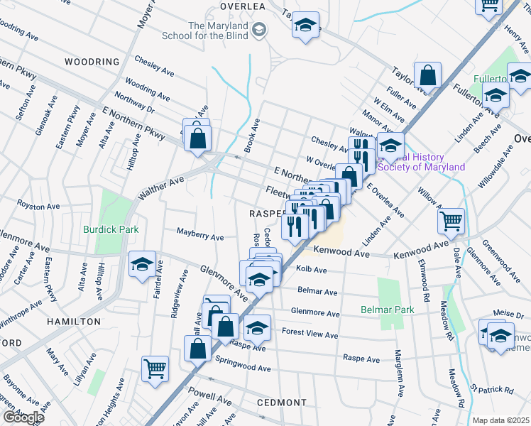 map of restaurants, bars, coffee shops, grocery stores, and more near 3905 Pinewood Avenue in Baltimore