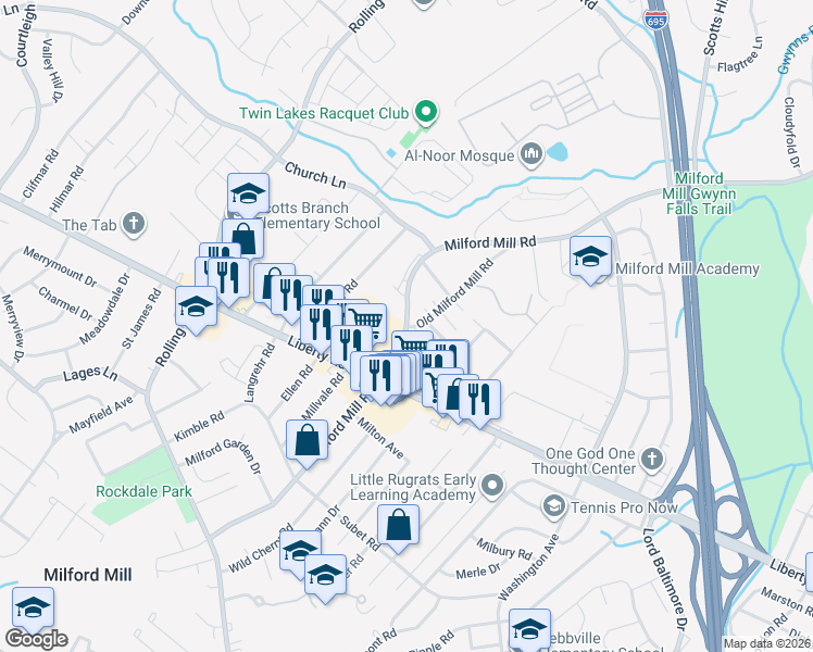 map of restaurants, bars, coffee shops, grocery stores, and more near 3608 Milford Mill Road in Milford Mill