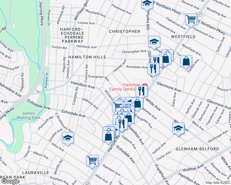 map of restaurants, bars, coffee shops, grocery stores, and more near 2705 Evergreen Avenue in Baltimore