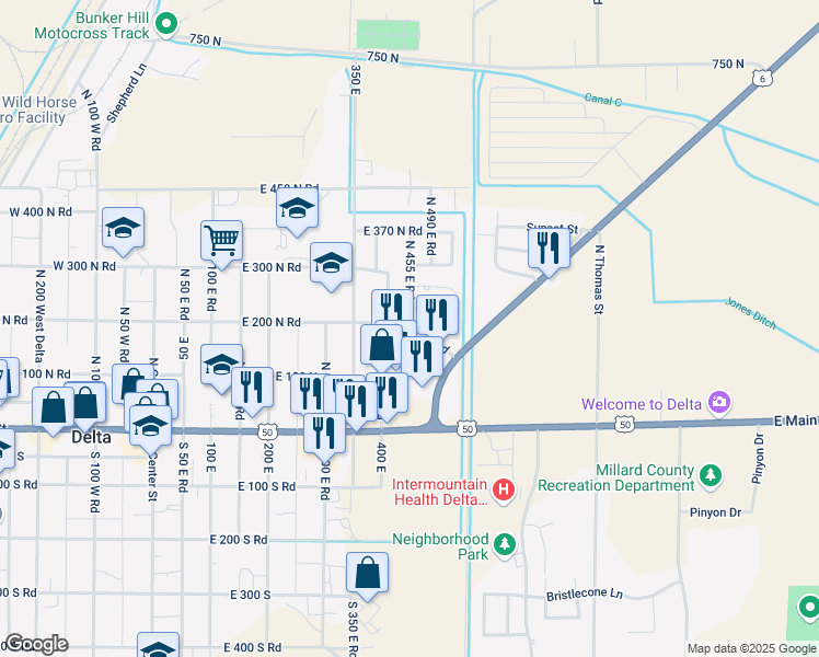 map of restaurants, bars, coffee shops, grocery stores, and more near 461 Topaz Boulevard in Delta