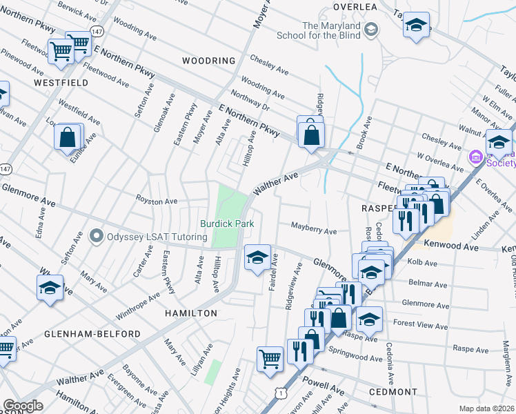 map of restaurants, bars, coffee shops, grocery stores, and more near 3712 Mayberry Avenue in Baltimore