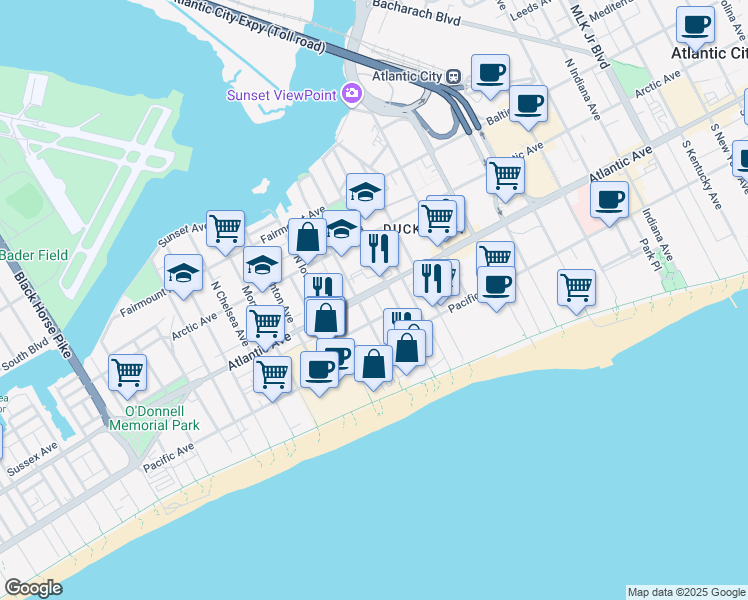 map of restaurants, bars, coffee shops, grocery stores, and more near 2628 Atlantic Avenue in Atlantic City