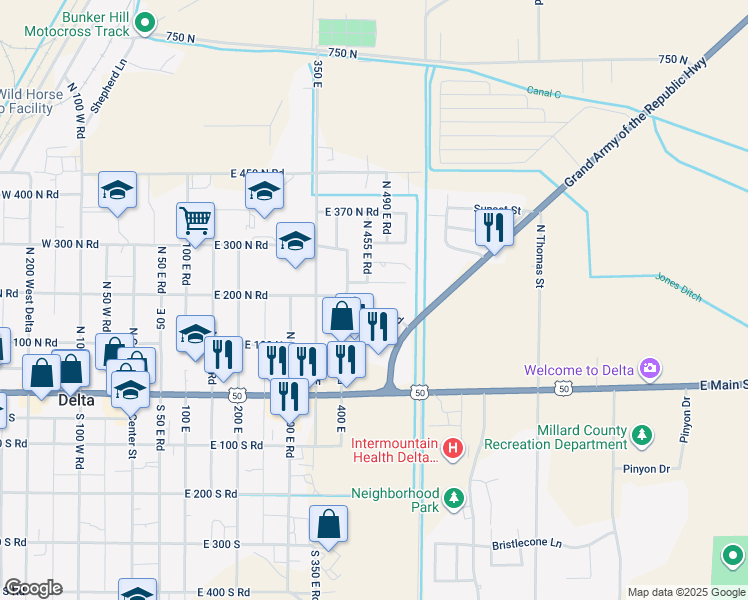 map of restaurants, bars, coffee shops, grocery stores, and more near 461 Topaz Boulevard in Delta