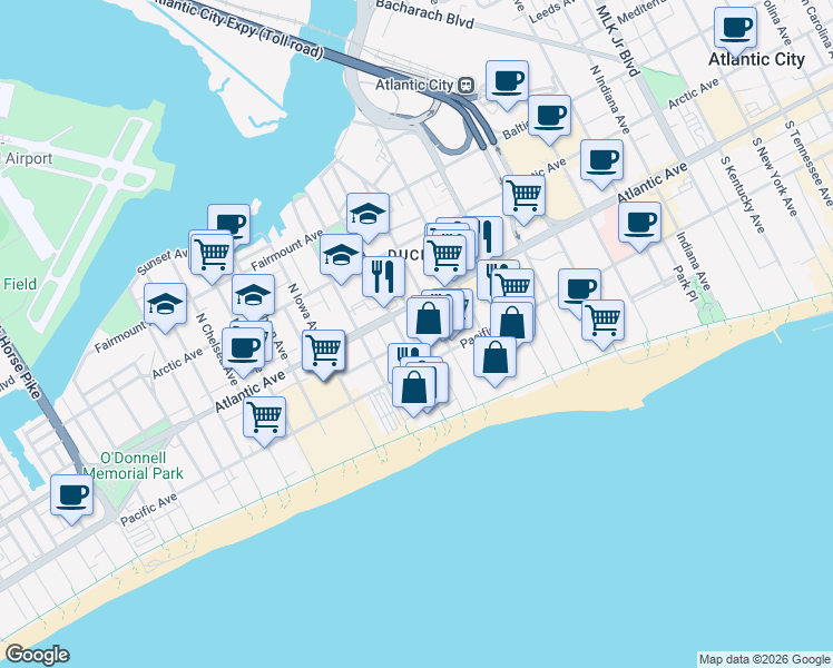 map of restaurants, bars, coffee shops, grocery stores, and more near in Atlantic City