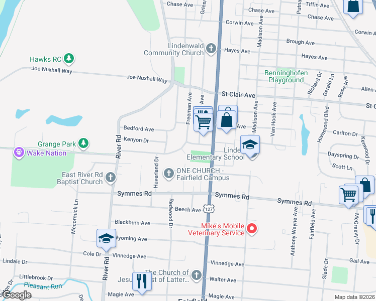 map of restaurants, bars, coffee shops, grocery stores, and more near 4120 Freeman Avenue in Hamilton