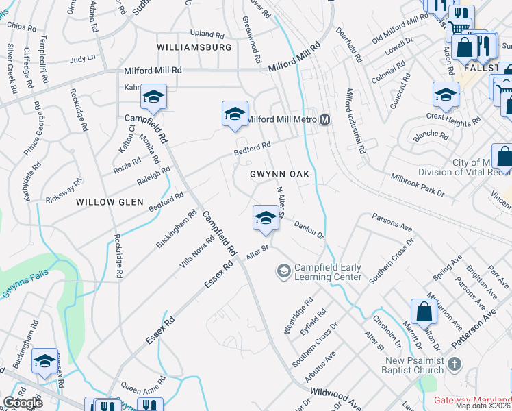 map of restaurants, bars, coffee shops, grocery stores, and more near 7120 Pahls Farm Way in Pikesville