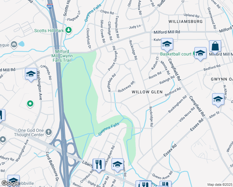 map of restaurants, bars, coffee shops, grocery stores, and more near 7404 Ricksway Road in Pikesville