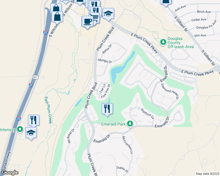 map of restaurants, bars, coffee shops, grocery stores, and more near 1910 Five Iron Drive in Castle Rock