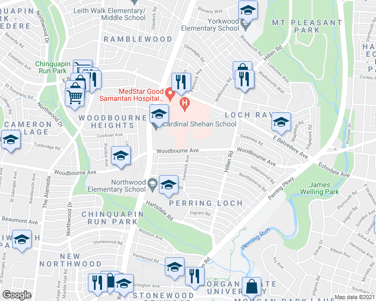map of restaurants, bars, coffee shops, grocery stores, and more near 1600 Woodbourne Avenue in Baltimore