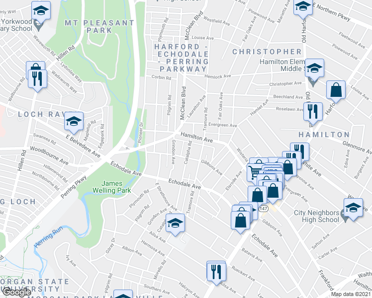 map of restaurants, bars, coffee shops, grocery stores, and more near 5406 Catalpha Road in Baltimore