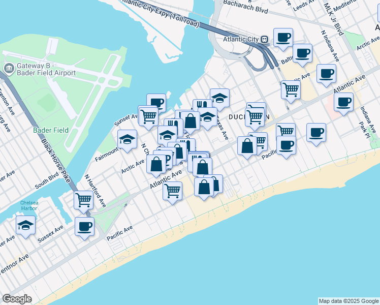 map of restaurants, bars, coffee shops, grocery stores, and more near 19 North Stenton Place in Atlantic City