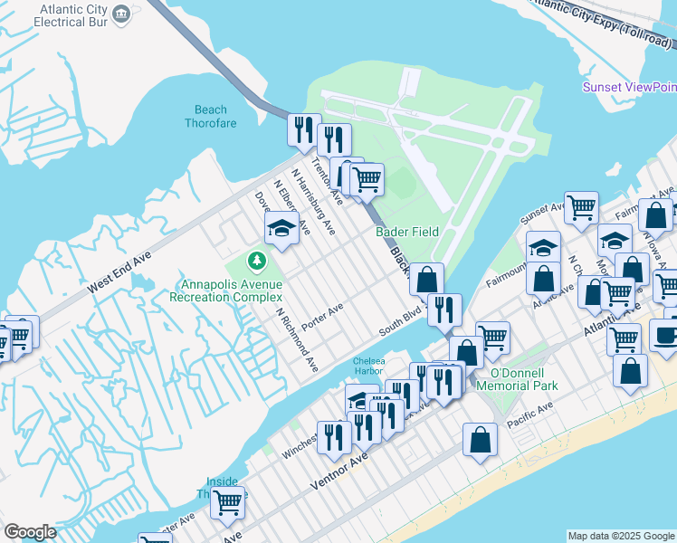 map of restaurants, bars, coffee shops, grocery stores, and more near 455 North Elberon Avenue in Atlantic City