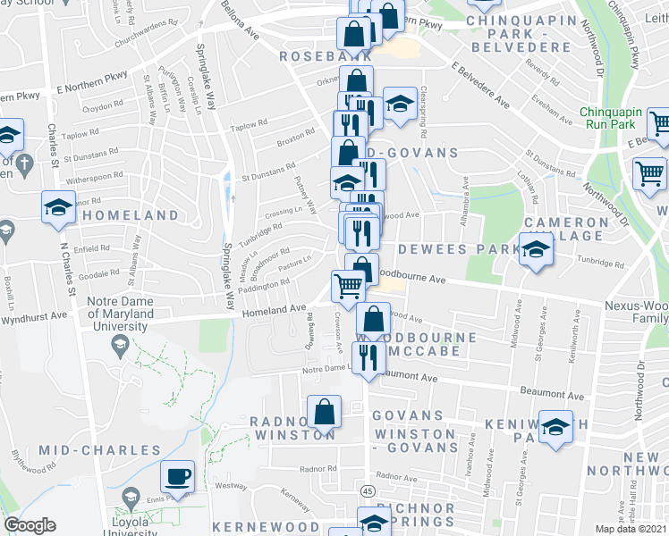 map of restaurants, bars, coffee shops, grocery stores, and more near 326 Woodbourne Avenue in Baltimore