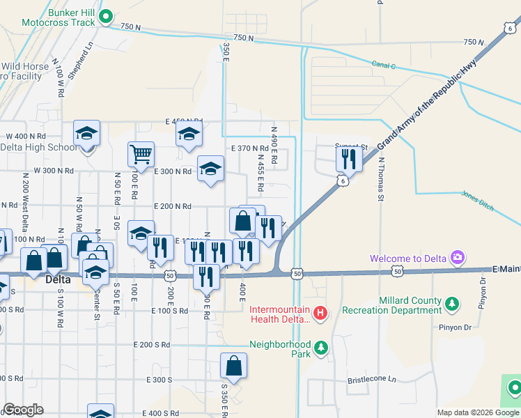 map of restaurants, bars, coffee shops, grocery stores, and more near 461 Topaz Boulevard in Delta