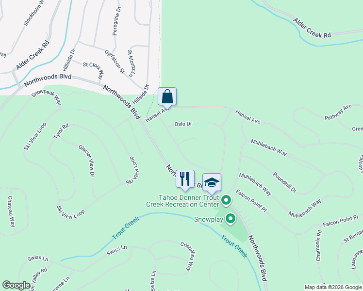 map of restaurants, bars, coffee shops, grocery stores, and more near 12107 Oslo Drive in Truckee