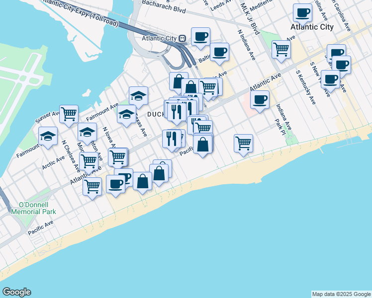 map of restaurants, bars, coffee shops, grocery stores, and more near 2415 Pacific Avenue in Atlantic City