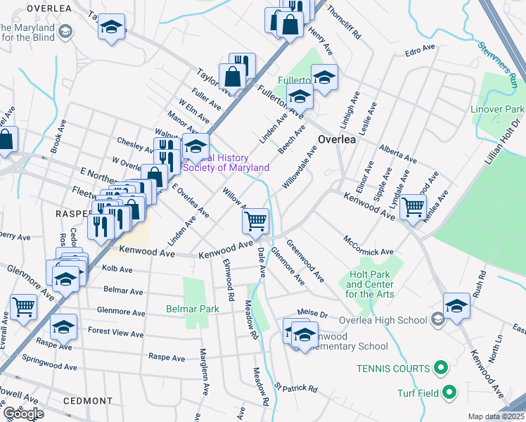 map of restaurants, bars, coffee shops, grocery stores, and more near 7001 Willowdale Avenue in Baltimore