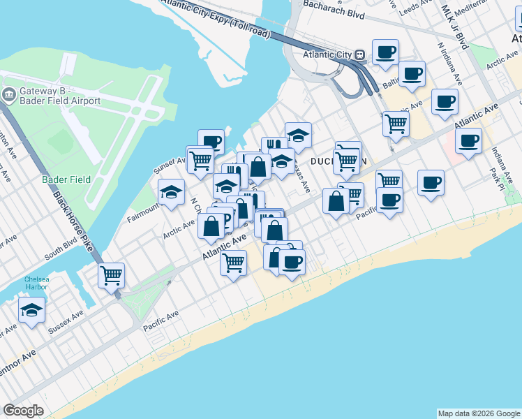 map of restaurants, bars, coffee shops, grocery stores, and more near 19 North Stenton Place in Atlantic City