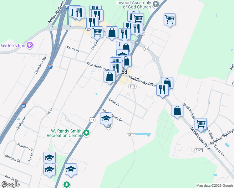 map of restaurants, bars, coffee shops, grocery stores, and more near 61 Mystical Way in Inwood