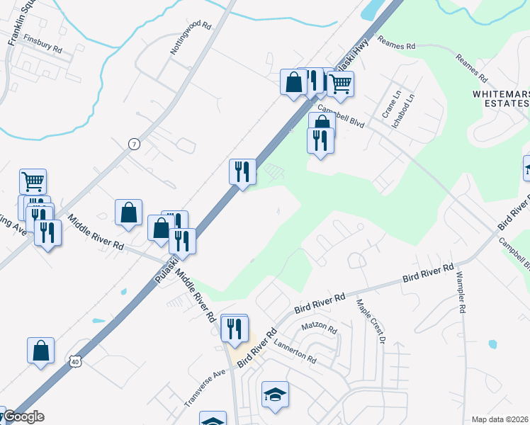 map of restaurants, bars, coffee shops, grocery stores, and more near 9610 Pulaski Park Dr in Baltimore