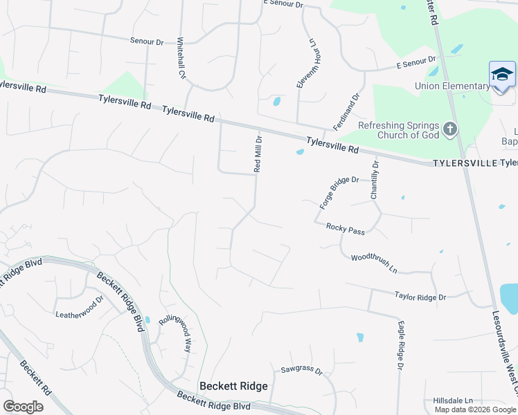 map of restaurants, bars, coffee shops, grocery stores, and more near 7938 Red Mill Drive in Beckett Ridge