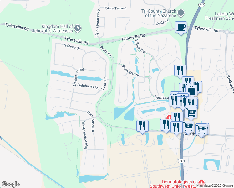 map of restaurants, bars, coffee shops, grocery stores, and more near 8111 Vegas Court in Butler County