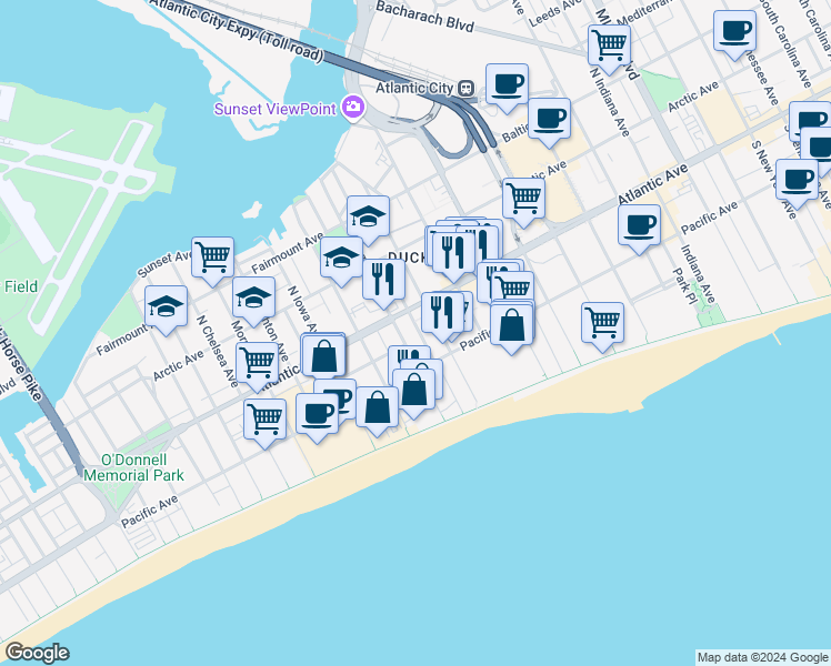 map of restaurants, bars, coffee shops, grocery stores, and more near 16 South Bellevue Avenue in Atlantic City