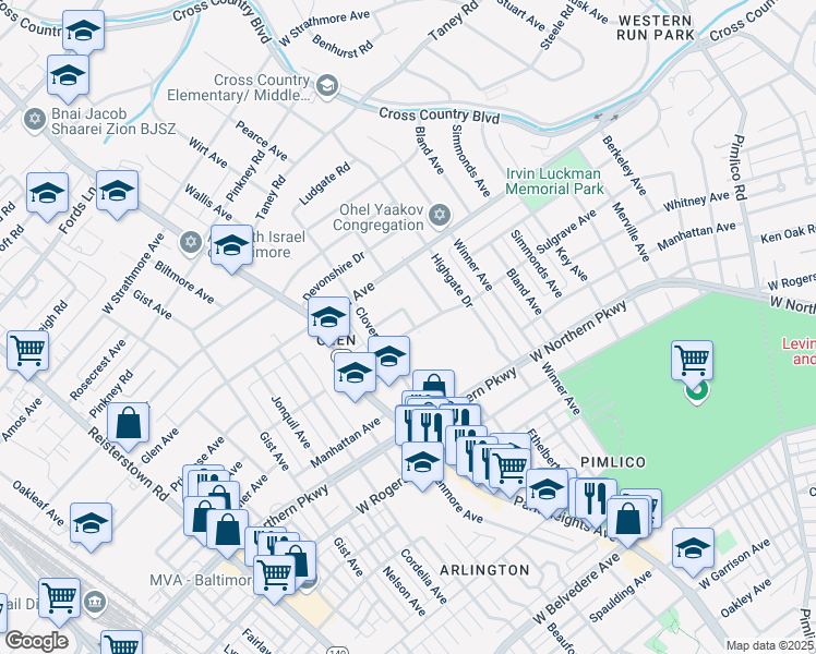 map of restaurants, bars, coffee shops, grocery stores, and more near 5800 Hamlin Avenue in Baltimore