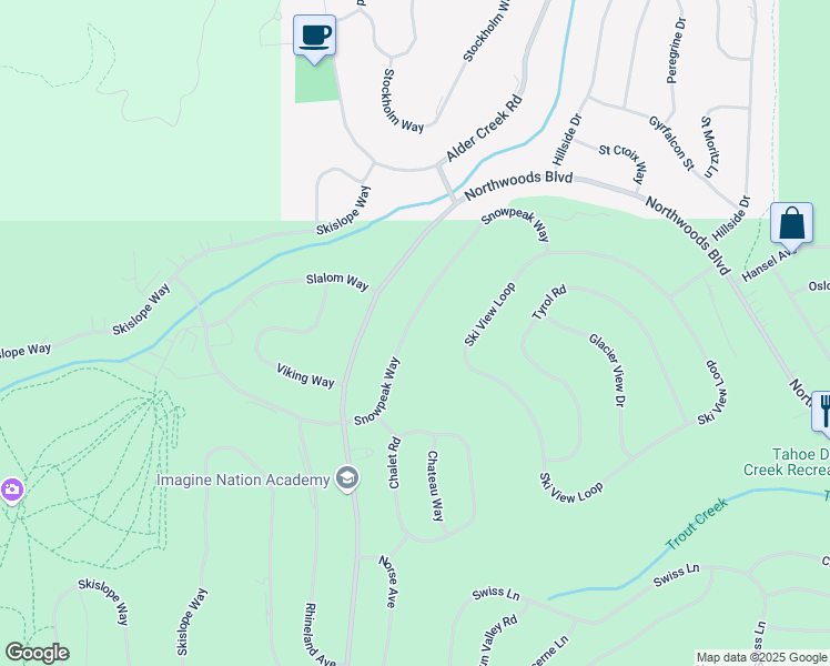 map of restaurants, bars, coffee shops, grocery stores, and more near 12249 Snowpeak Way in Truckee