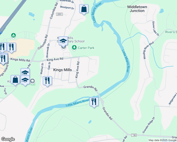 map of restaurants, bars, coffee shops, grocery stores, and more near 5505 Kings View Court in Kings Mills