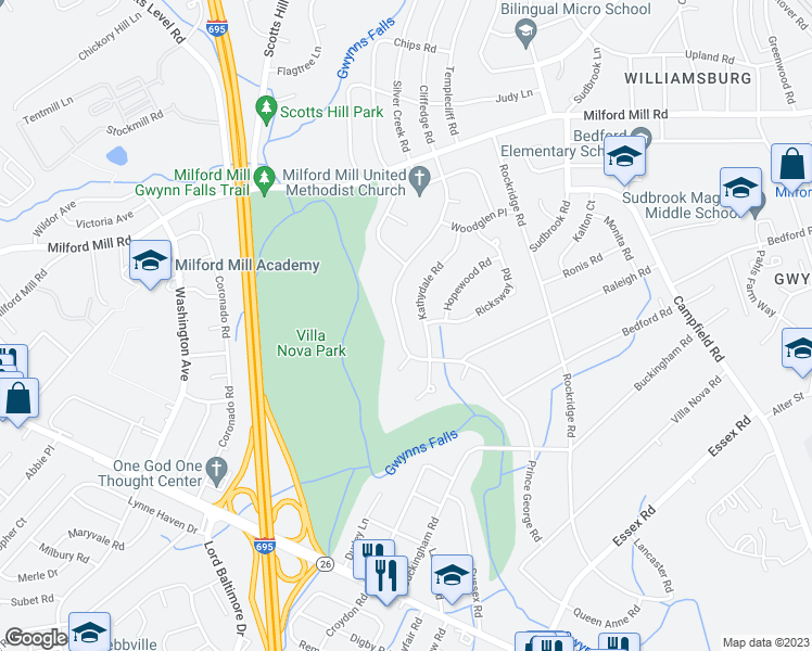 map of restaurants, bars, coffee shops, grocery stores, and more near 7410 Prince George Road in Pikesville