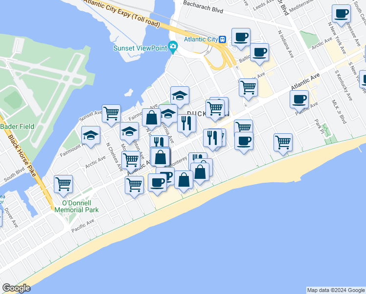 map of restaurants, bars, coffee shops, grocery stores, and more near 2616 Atlantic Avenue in Atlantic City