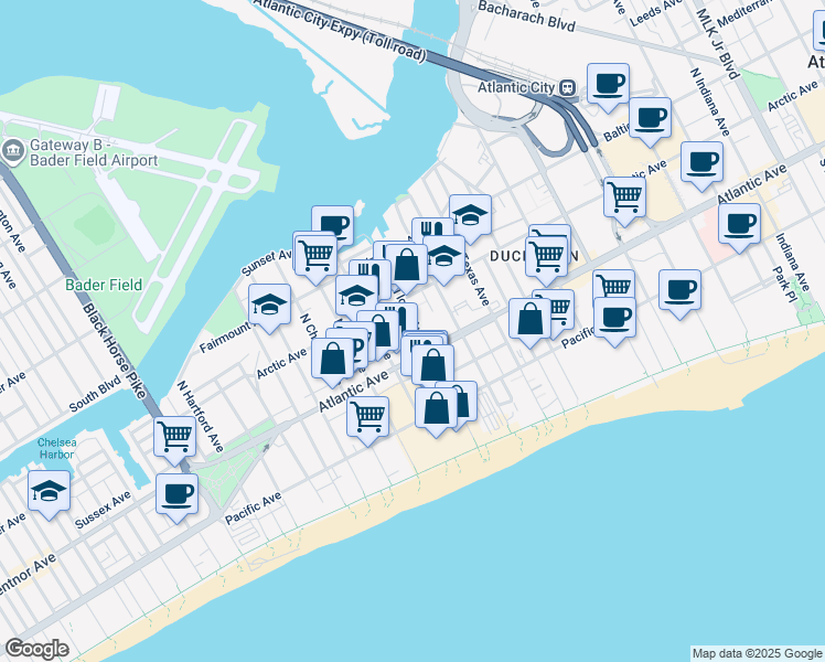 map of restaurants, bars, coffee shops, grocery stores, and more near 19 North Stenton Place in Atlantic City