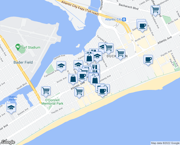 map of restaurants, bars, coffee shops, grocery stores, and more near 19 North Stenton Place in Atlantic City