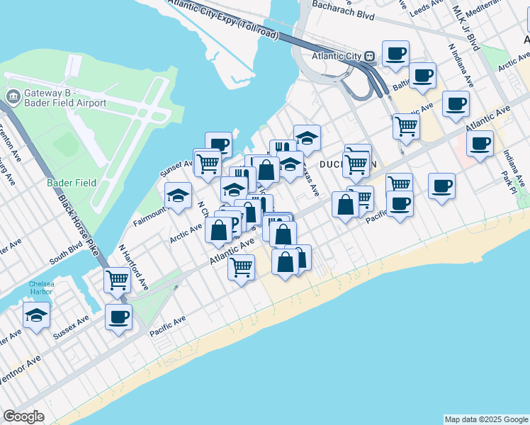 map of restaurants, bars, coffee shops, grocery stores, and more near 19 North Stenton Place in Atlantic City