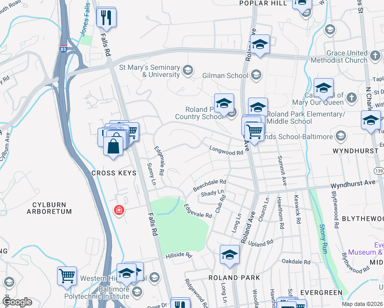 map of restaurants, bars, coffee shops, grocery stores, and more near 10 Midvale Road in Baltimore