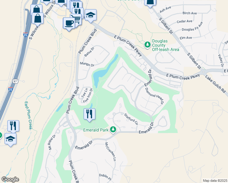 map of restaurants, bars, coffee shops, grocery stores, and more near 1511 Peninsula Circle in Castle Rock