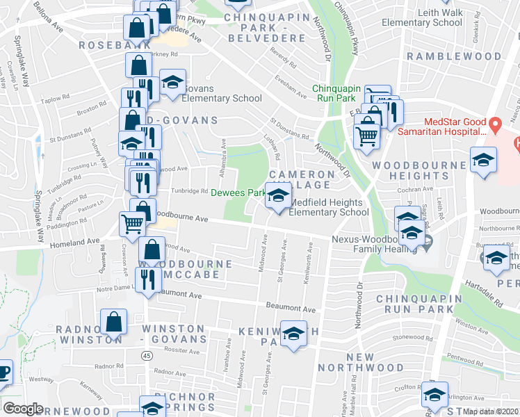 map of restaurants, bars, coffee shops, grocery stores, and more near 5417 Lothian Road in Baltimore