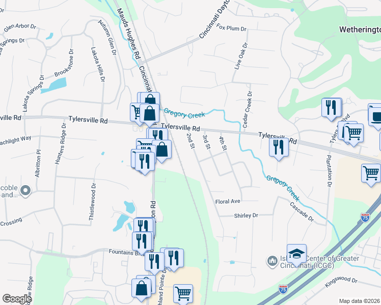 map of restaurants, bars, coffee shops, grocery stores, and more near 7860 2nd Street in Butler County