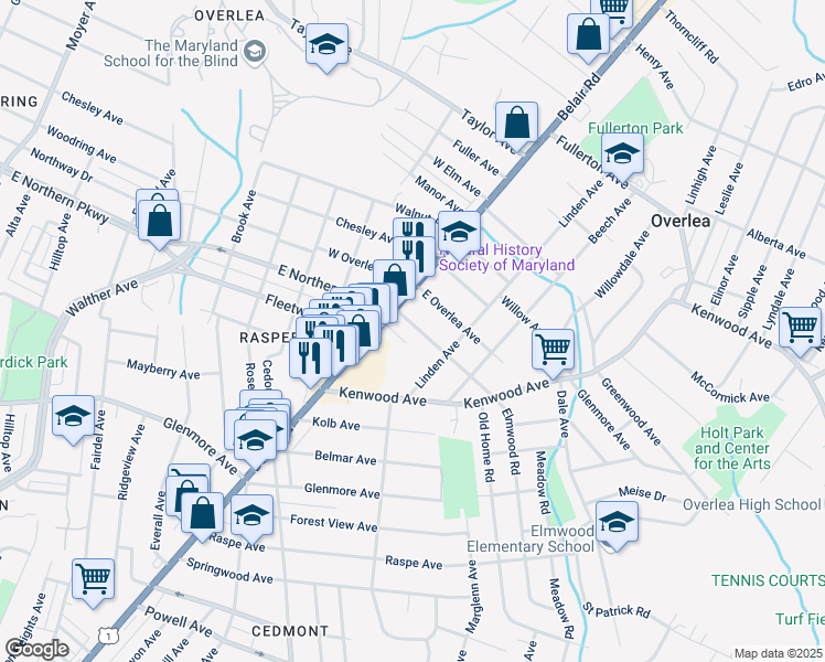 map of restaurants, bars, coffee shops, grocery stores, and more near 5 Maple Avenue in Baltimore