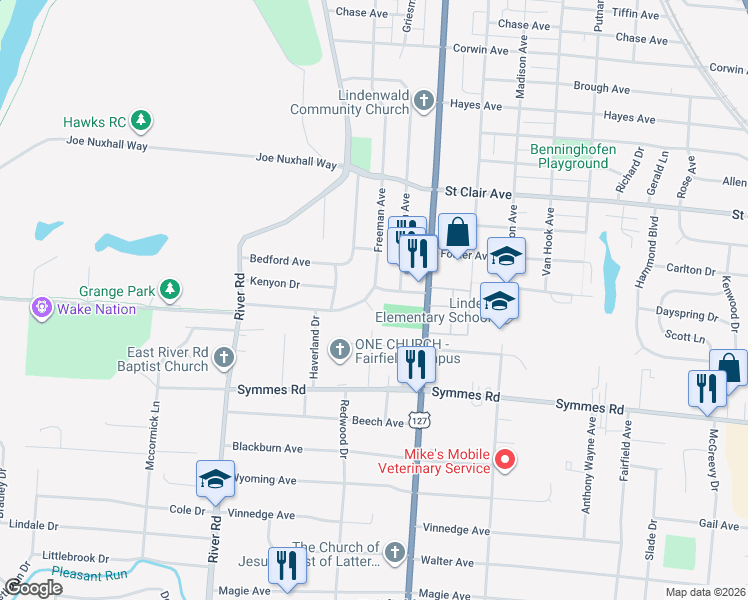 map of restaurants, bars, coffee shops, grocery stores, and more near 4120 Freeman Avenue in Hamilton