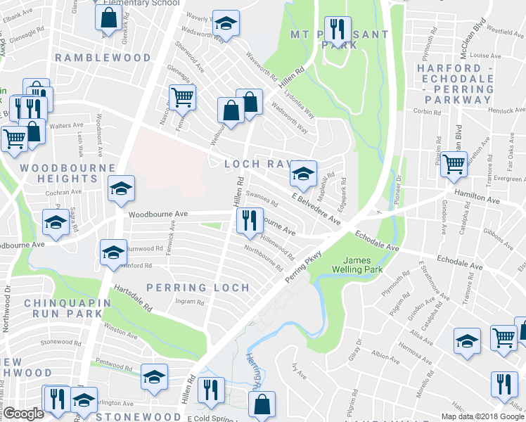 map of restaurants, bars, coffee shops, grocery stores, and more near 1818 Woodbourne Avenue in Baltimore