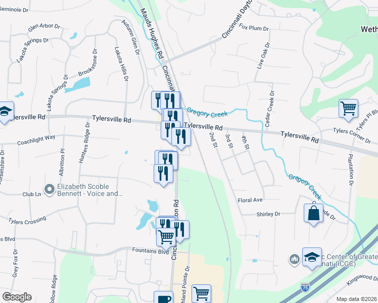 map of restaurants, bars, coffee shops, grocery stores, and more near 7860 Cincinnati Dayton Road in West Chester