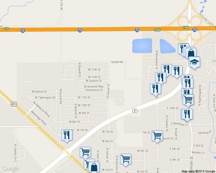 map of restaurants, bars, coffee shops, grocery stores, and more near 1929 North Carver Street in Greensburg